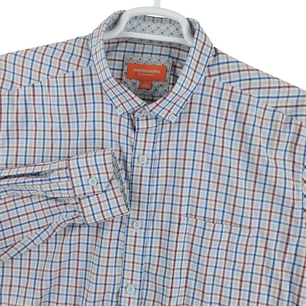 Johnston & Murphy Performance Shirt Mens XL Blue Plaid Button Down Long Sleeve